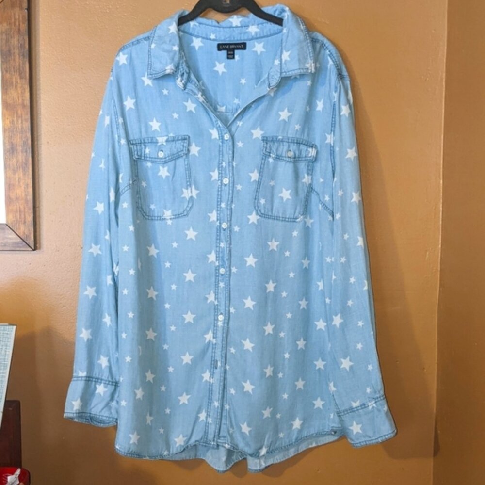Light Denim with White Stars Long Sleeve Button Up Shirt Lane Bryant women's 18
